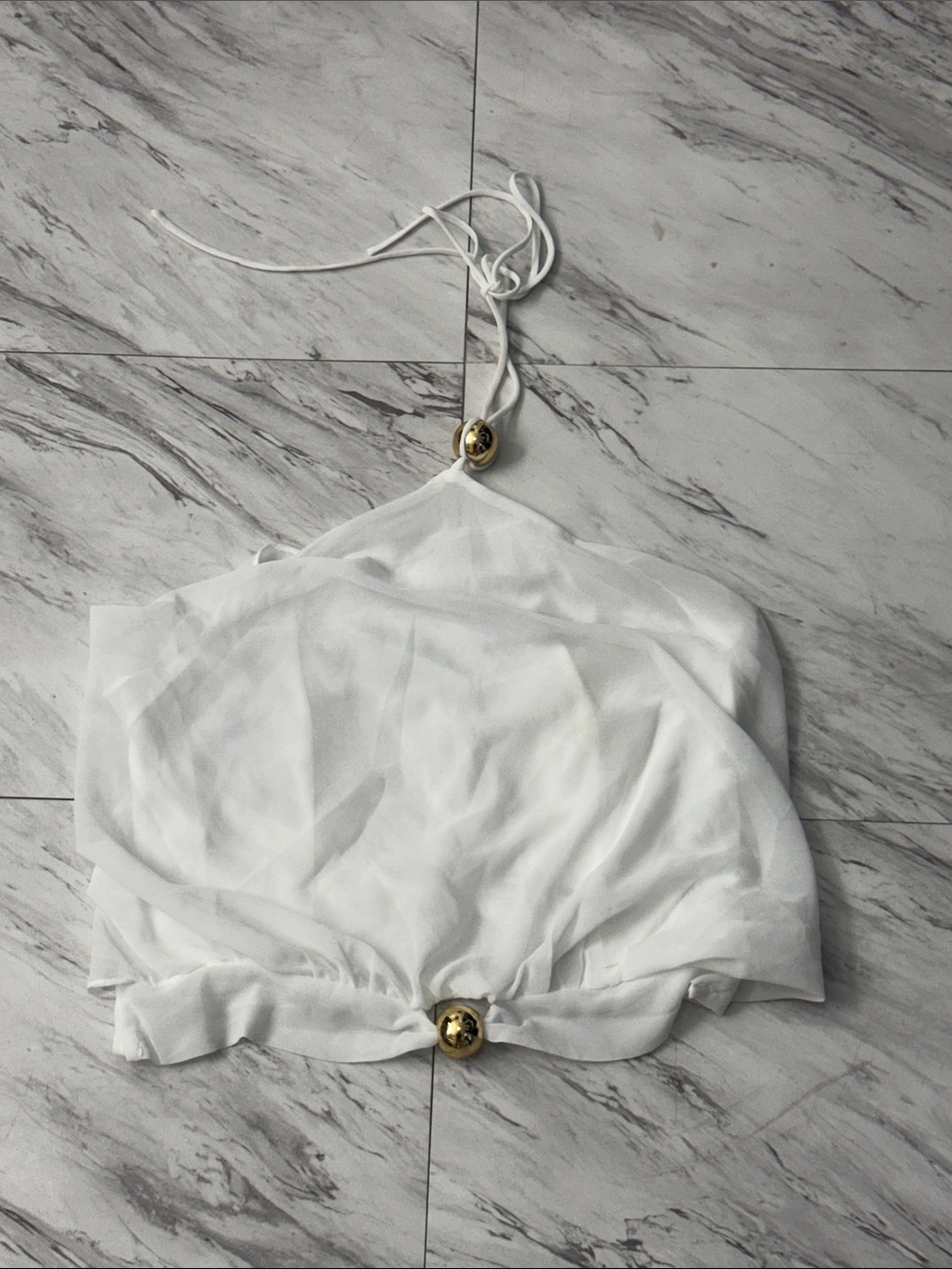 Fashion Nova White Halter Crop Top with Gold Accent Discs